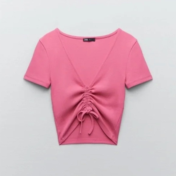 Zara Ribbed Draw-String Crop Tee Size S - Picture 3 of 9